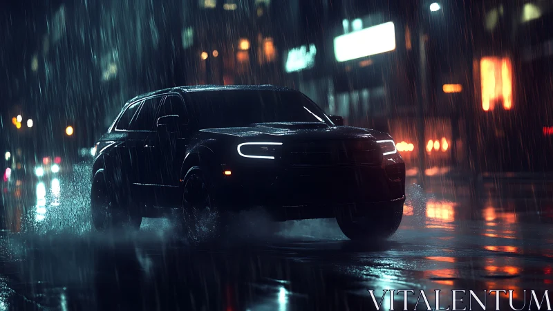 Bold black SUV glides through neon city streets in heavy rain