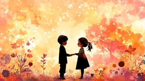 Two Silhouettes Hold Bloom: Love Blooms Within Autumn's Watercolor Embrace.