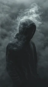 Shadowed hooded figure dissolving into swirling smoke.