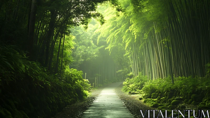 Luminous Bamboo Forest Pathway: Dappled Canopy Light and Verdant Composition