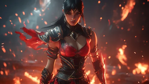 Warrior sorceress in burning battlefield armor tableau.