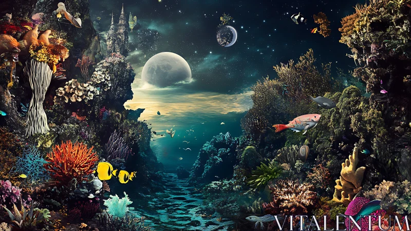 Fantasy undersea cosmos with lunar-lit coral architecture.