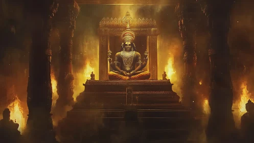 Divine bronze deity on ornate throne amid temple firelit haze
