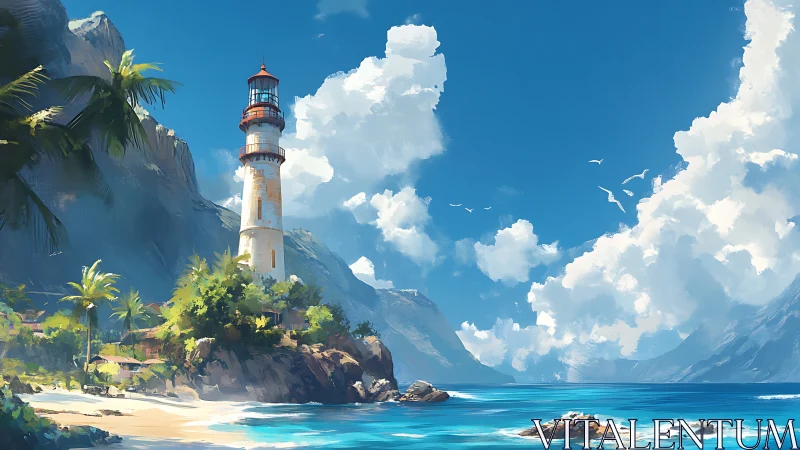 Coastal Lighthouse Structure on Rocky Promontory with Striped Tower Design