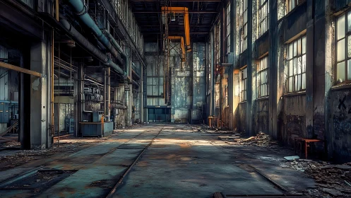 Sunlit abandoned factory interior with decaying machinery.
