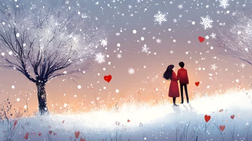 Winter Romance: Couple in Snowy Landscape with Snowflakes and Red Hearts