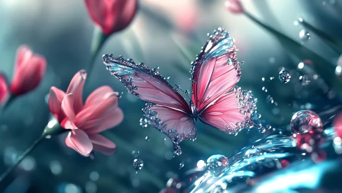 Glass-wing butterfly with dewdrops over pastel tulips field.