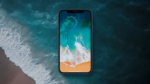 Smartphone is centered over aerial ocean shoreline scene