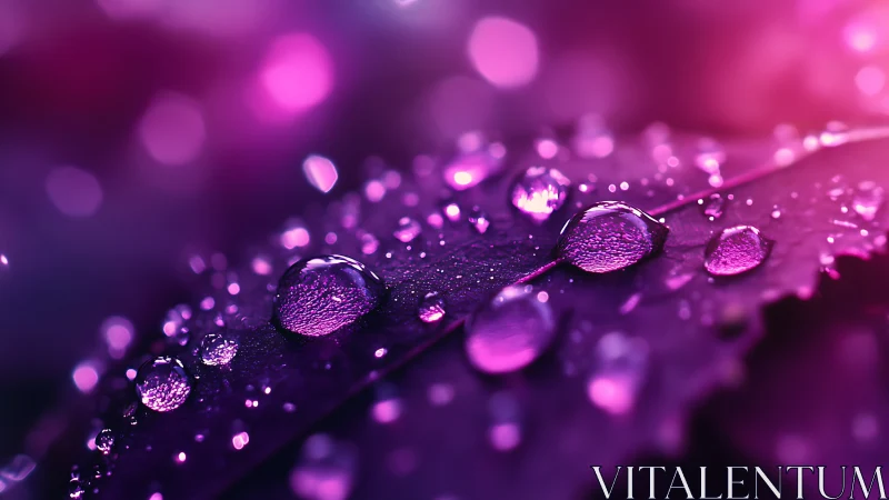 Chromatic macro of water droplets on magenta leaf surface.