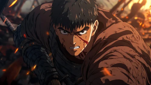 Battle-scarred warrior lunging forward amid blazing sparks.