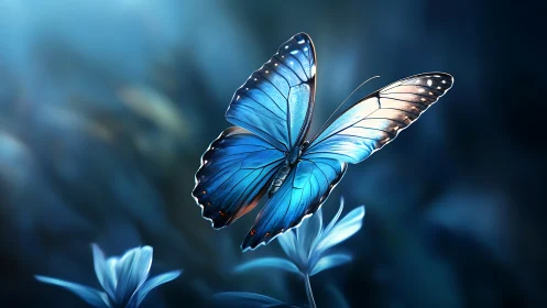 Blue butterfly in shallow depth-of-field nocturnal habitat.