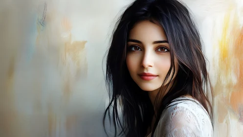 Softly lit digital portrait captures serene feminine beauty.