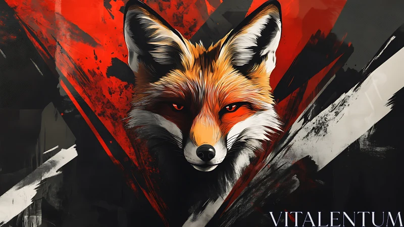 Stylized fox portrait over bold red abstract splashes.