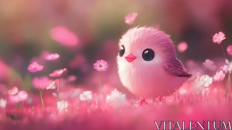 Pink Avian Character in Blooming Floral Field Environment.
