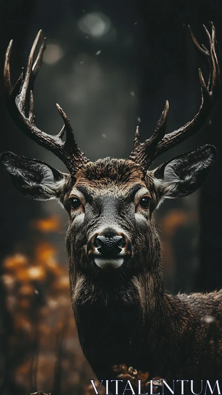 Male deer with antlers in low light forest environment.