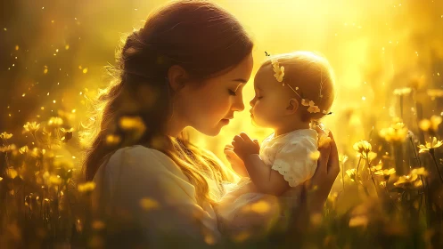 Mother and Child in Golden Flower Field at Sunset.