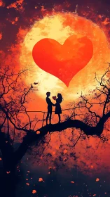 Silhouetted Couple Beneath Fiery Heart Moon