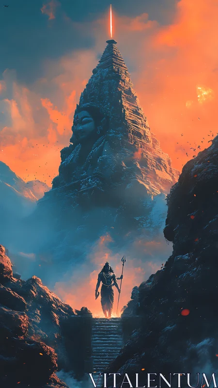 Warrior stands before mountain temple crowned by fiery beacon