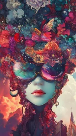 Surreal digital portrait with florals and reflective eyewear.