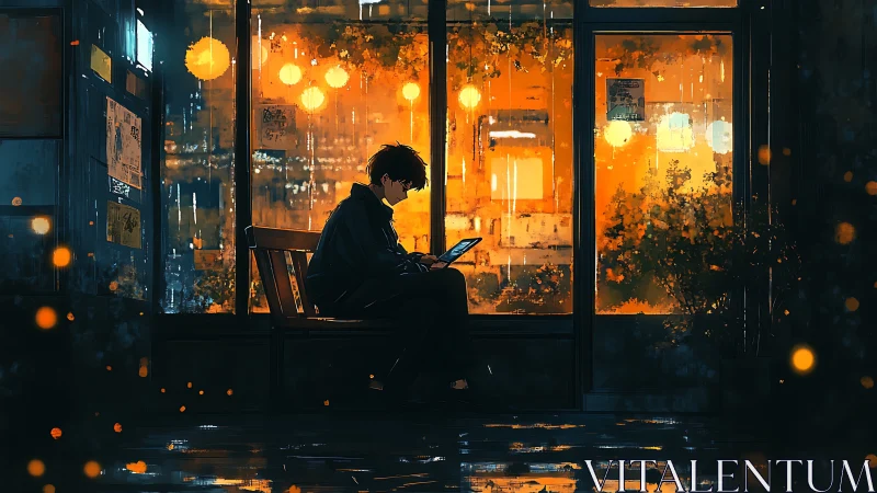 Rainlit coder drifts through lantern-glow midnight data