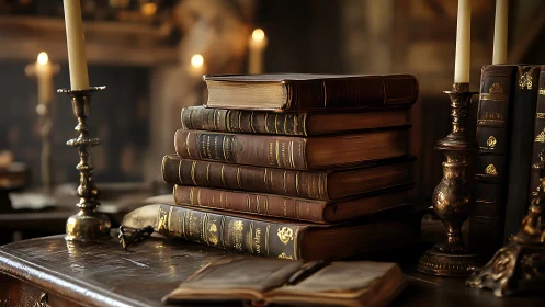Stacked leather-bound books are arranged on a wooden desk