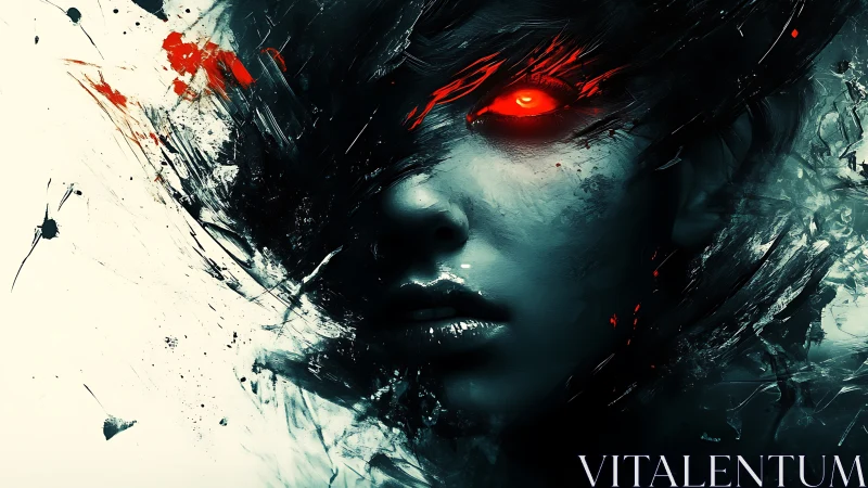 Dark digital portrait of woman with glowing red cyber eye.