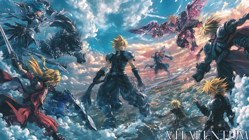 Sword-split skies swirl as mirrored warriors flood the clouds