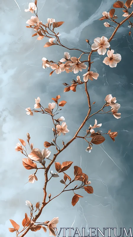 Cherry blossom branch on soft blue marble background.
