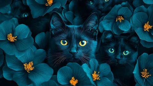 Black Cats Pierce Through Teal Blooms with Luminous Stares