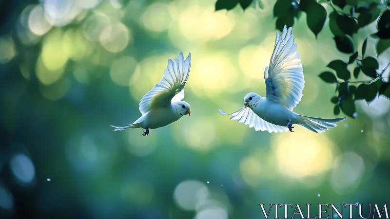 Two white doves in flight with soft sunlight and bokeh background.