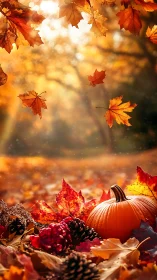 Backlit autumn foliage with pumpkin and pinecones in shallow focus