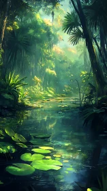 Lush jungle lagoon with reflective water and lily pads.