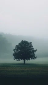 Solitary tree rises from misty meadow at dawn