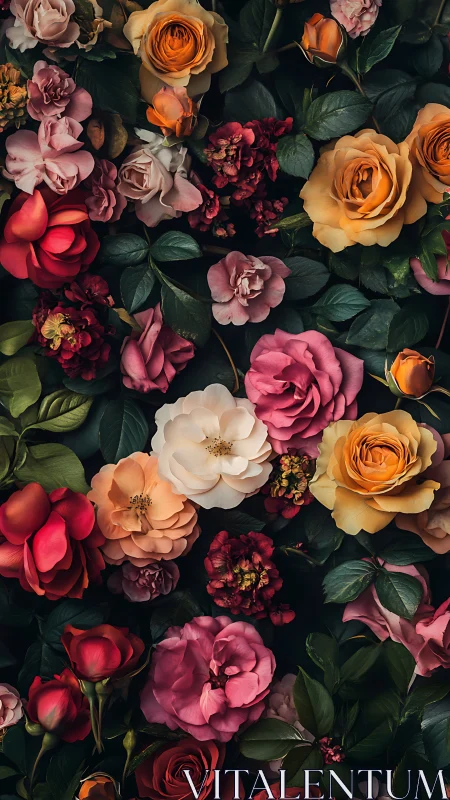 Lush Garden Roses in Warm Peachy and Deep Crimson Tones