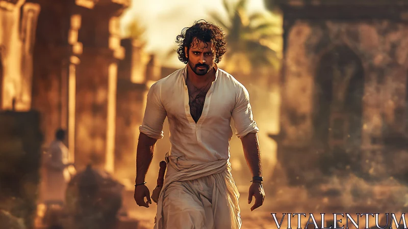 Determined warrior strides through sunlit ancient street