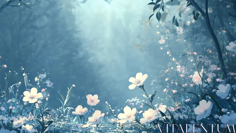Backlit woodland clearing renders ethereal depth with soft bloom