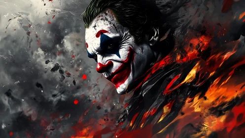 Clown-faced villain amid smoke and fire in dynamic portrait.