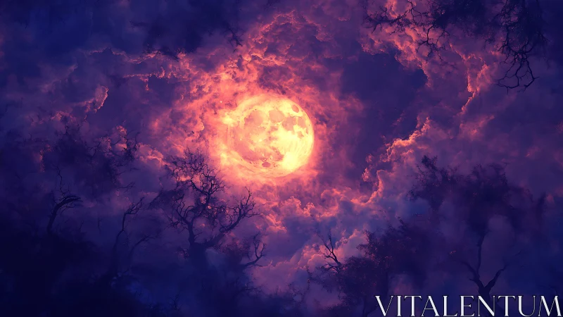 Enchanted full moon burns through violet storm clouds at dusk