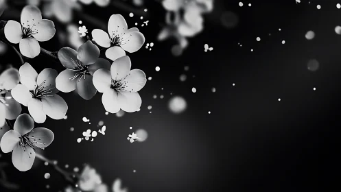 Monochrome Cherry Blossoms with Bokeh Particles Against Dark