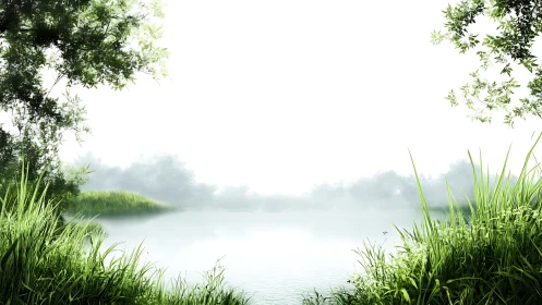 Serene lakeside landscape with lush greenery in digital art style.