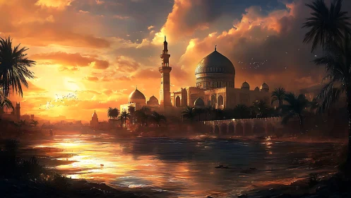 Golden river sunset over a tranquil desert cityscape.