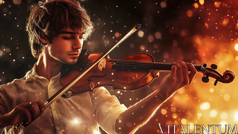Violinist in luminous bokeh field with warm cinematic glow.