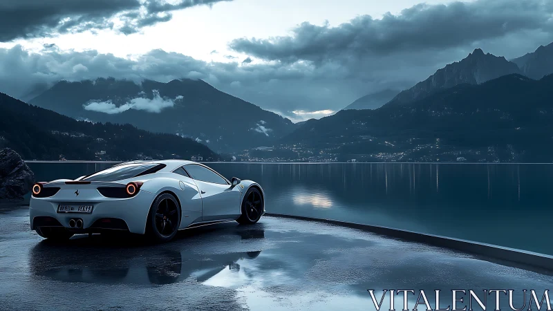 Silver supercar waits while storm-lit mountains hold their breath