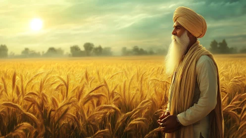 Elderly farmer stands in golden wheat field at sunrise.