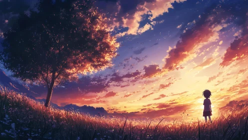 Twilight meadow daydream with lone child under blazing sky.