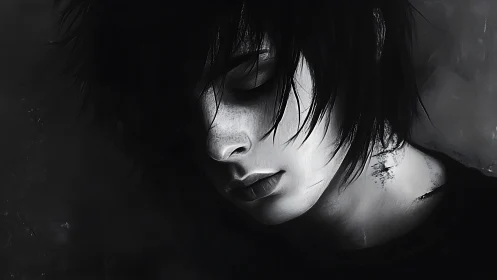 Monochrome digital portrait shows downward-facing young subject