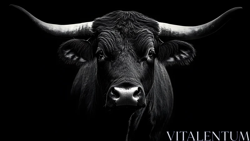 Monochrome longhorn bull portrait in dramatic darkness.