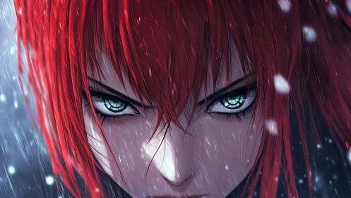 Red-haired anime warrior under dynamic snowfall with intense gaze
