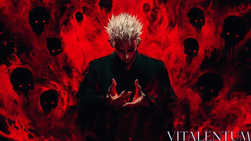 White haired sorcerer in crimson inferno with spectral skulls