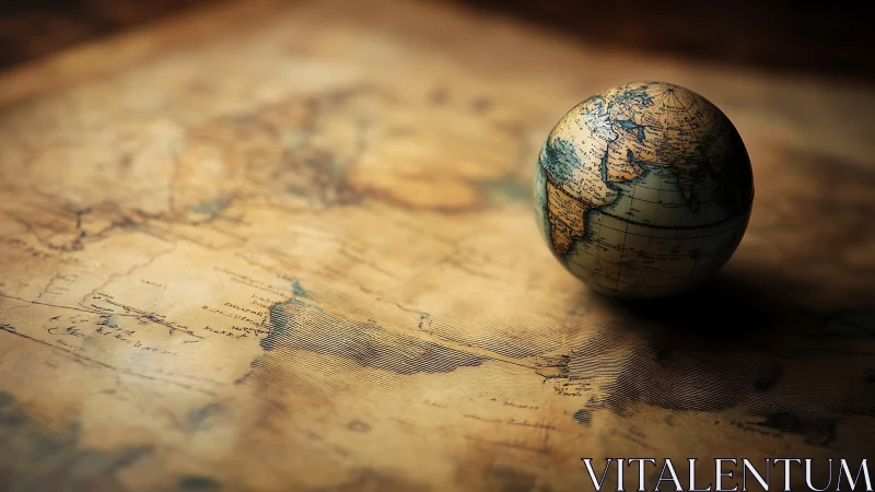 Tiny vintage globe dreaming over a timeworn world map.